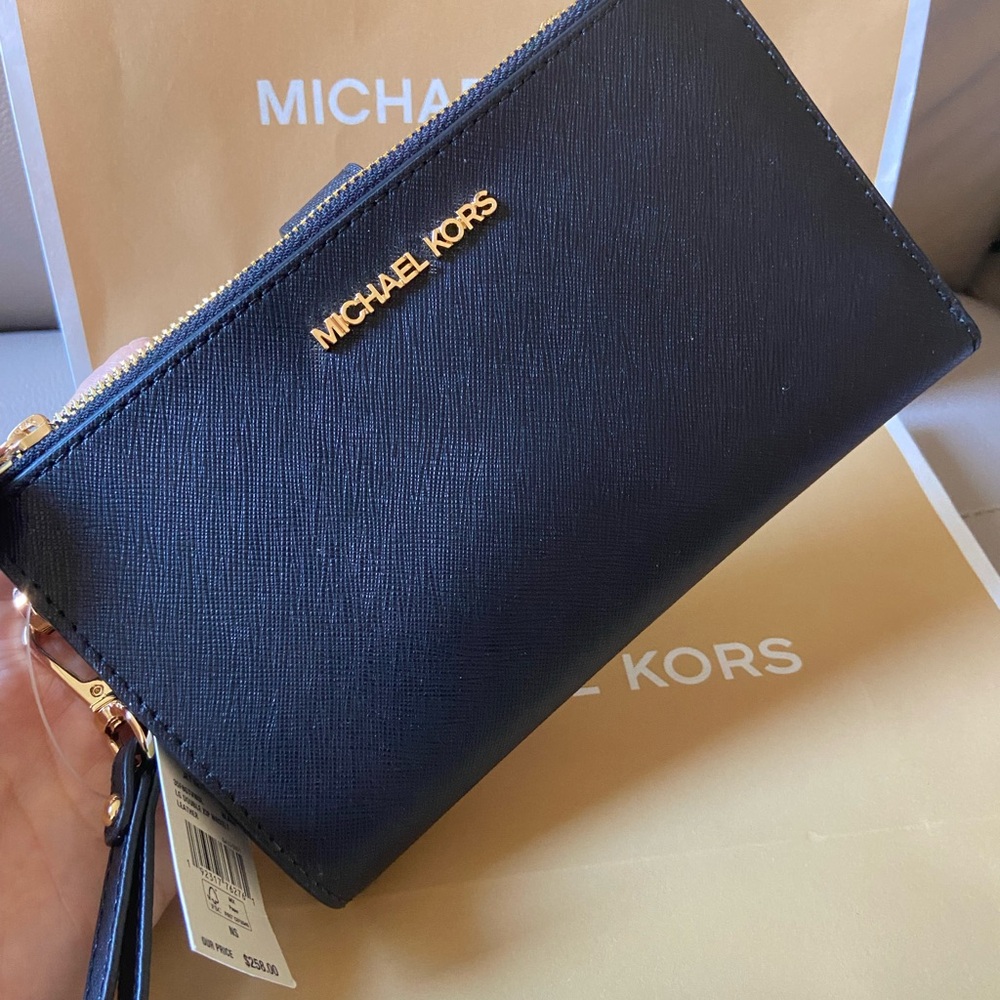 Michael Kors Leather Black Wristlet with Gold Details